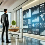 DALL·E 2025 03 27 20.48.29 A realistic image of a businessperson, either a man or a woman, standing in a modern office environment. The person is attentively analyzing data char