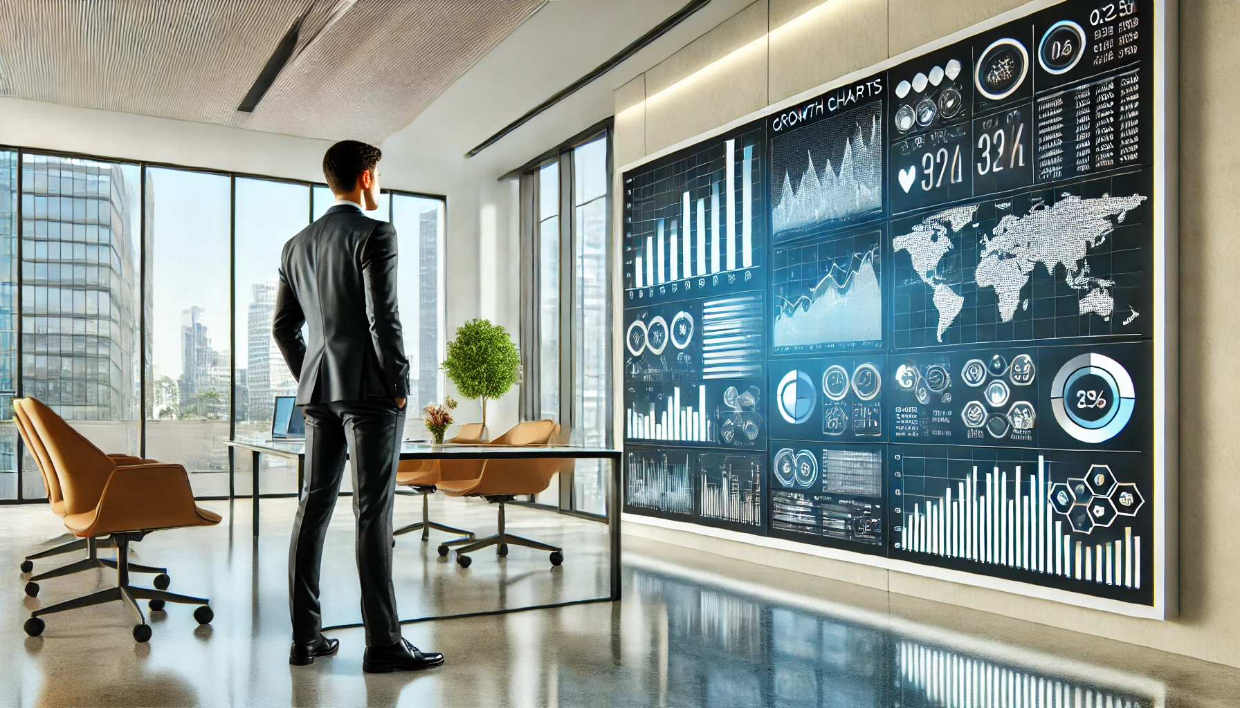 DALL·E 2025 03 27 20.48.29 A realistic image of a businessperson, either a man or a woman, standing in a modern office environment. The person is attentively analyzing data char